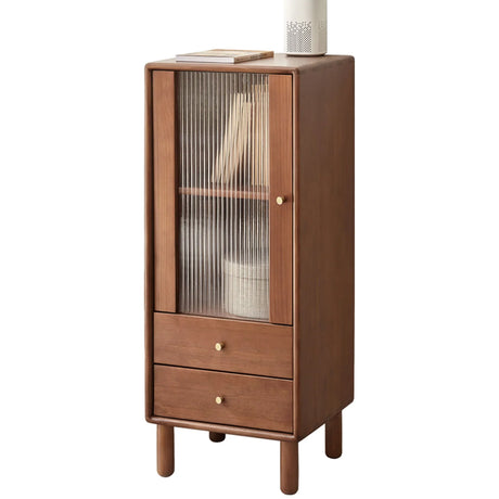 Free-Standing Corner Cabinets Storage Table With Vintage Glass Door, 2 Shelves, 2 Drawers And Brass Handle - Walnut - Furniture Home Direct