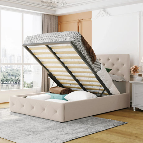 Platform Bed With Hydraulic Storage Upholstered Beige - Furniture Home Direct