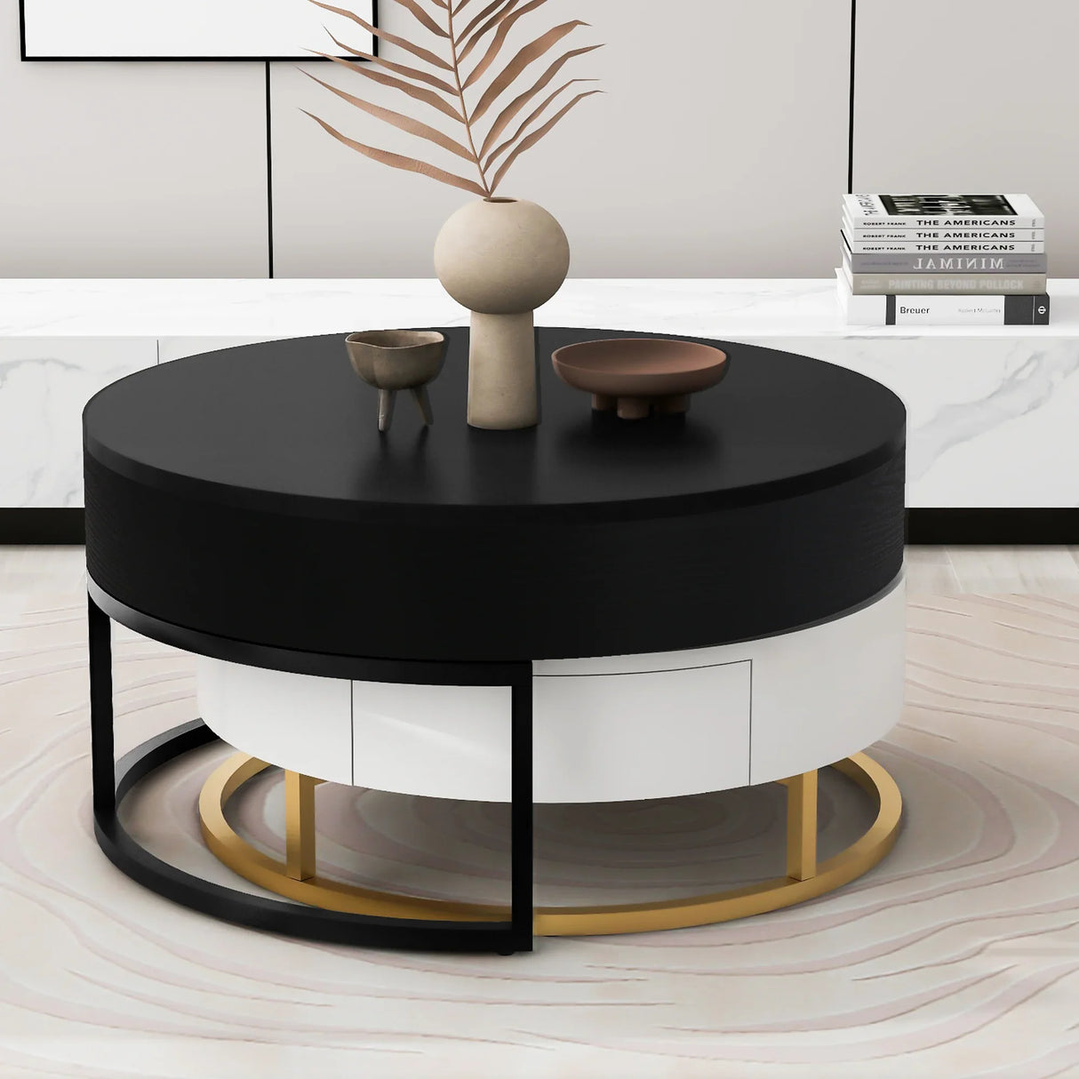 Nesting Coffee Tables Round Lift-Top Modern Black and White - Furniture Home Direct