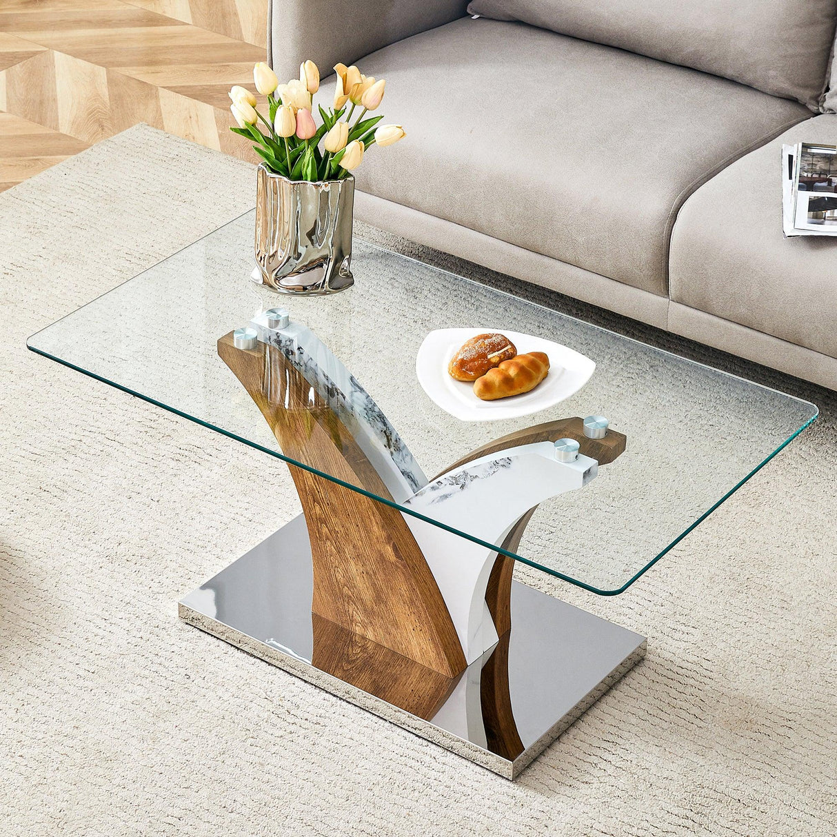 Coffee Table Glass Top With Wooden Base Modern Brown - Furniture Home Direct