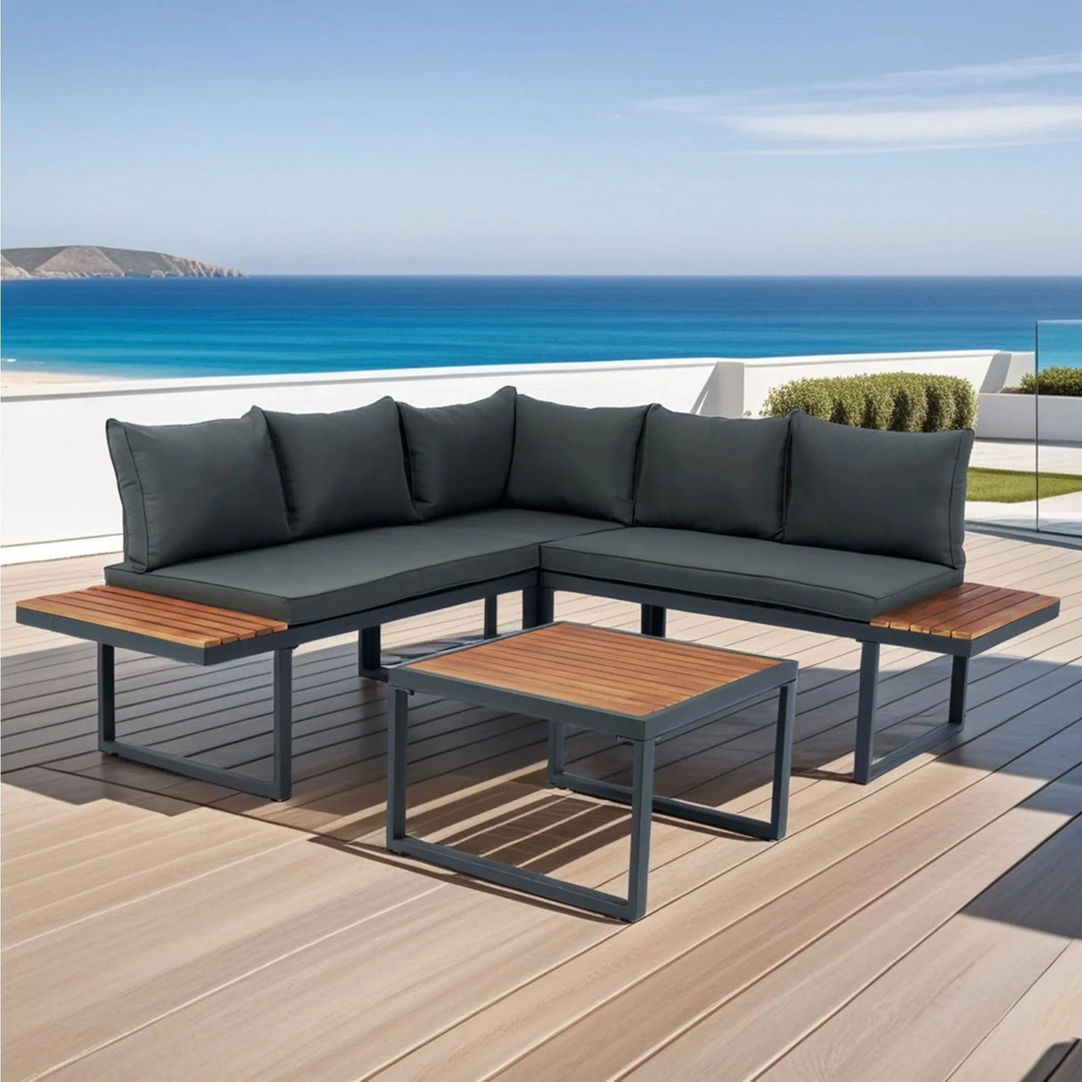 4 Piece L-Shaped Patio Wicker Outdoor 5 Seater Sectional Sofa Seating Group Conversation Sets With Side Table & Cushions - Dark Gray - Furniture Home Direct