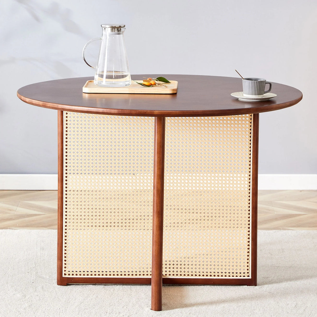 Retro Round Table With Imitation Rattan Rubber Wood - Walnut - Furniture Home Direct