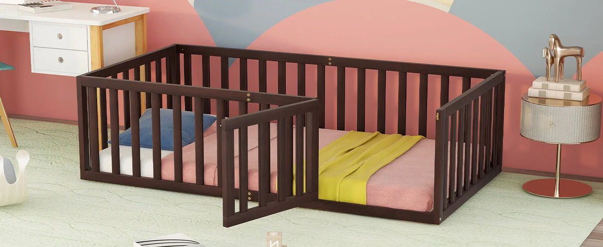 Twin Size Floor Bed Frame With Fence And Door - Walnut - Furniture Home Direct