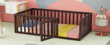 Twin Size Floor Bed Frame With Fence And Door - Walnut - Furniture Home Direct