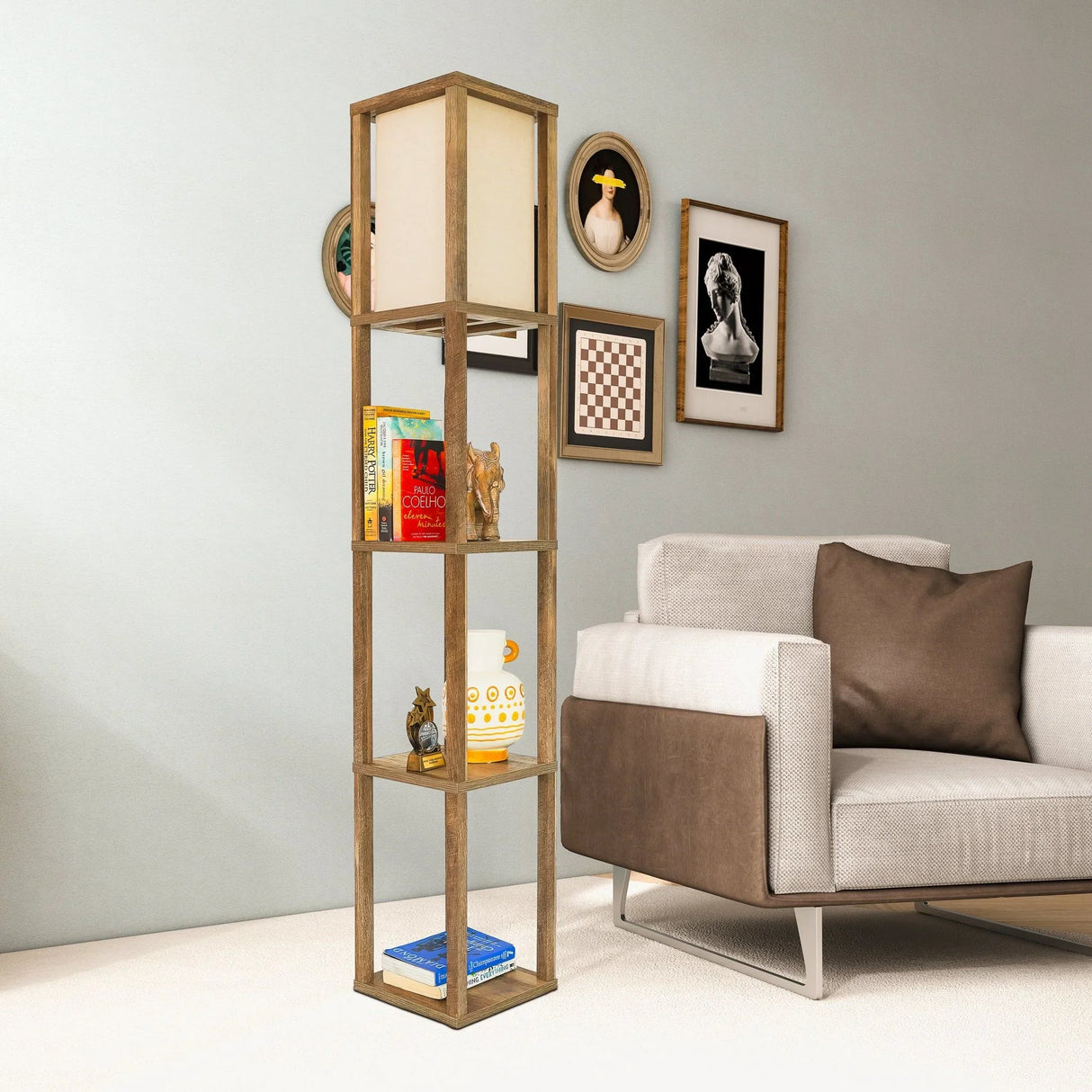 Pinnacle - Shelf Floor Lamp For Bedroom / Living Room, Long Shade - Natural Wood / White - Furniture Home Direct