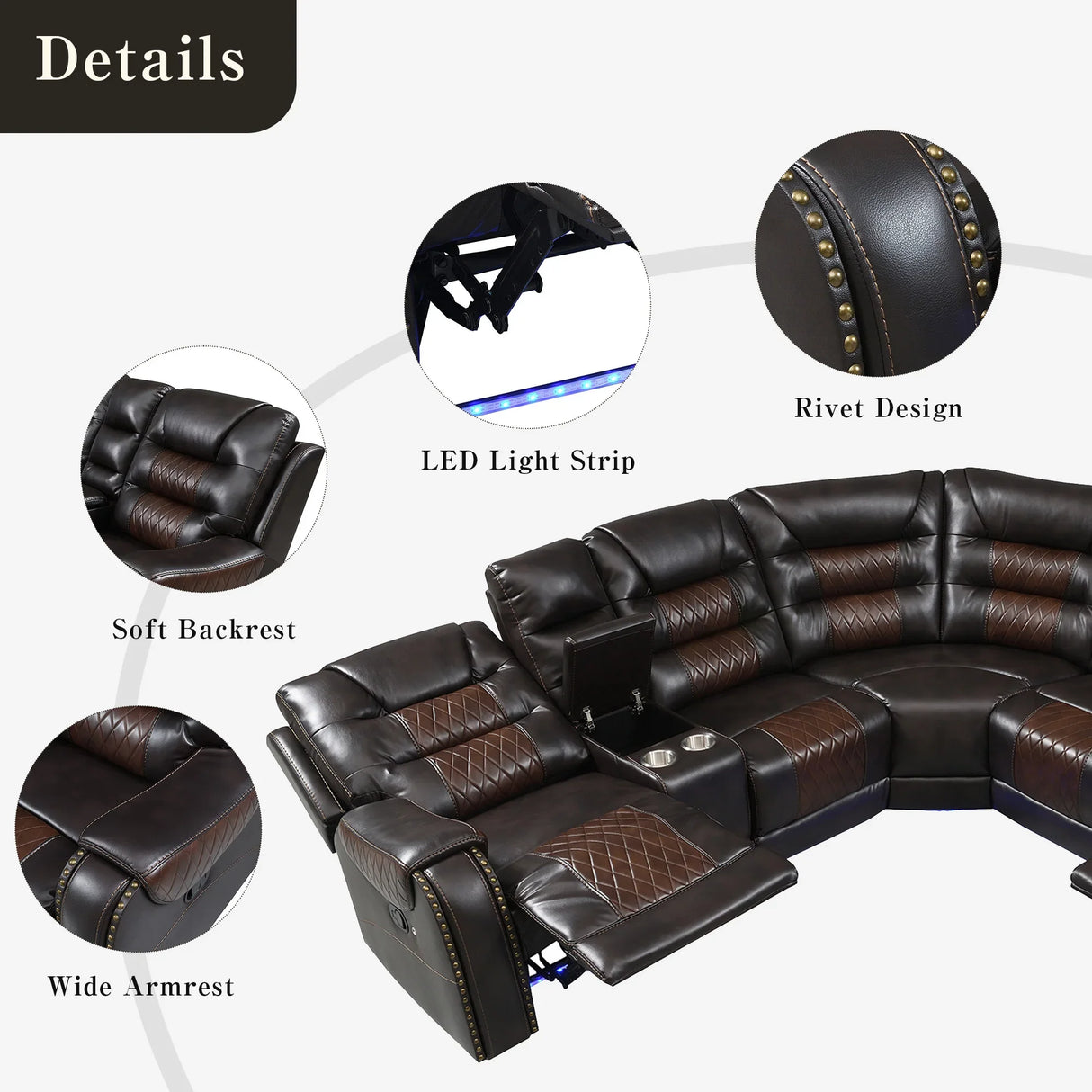 Sectional Sofa with Manual Recline LED Lights Black Brown - Furniture Home Direct