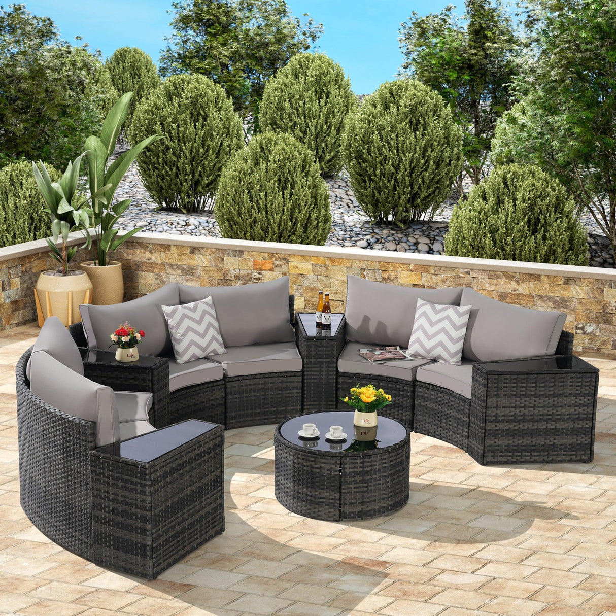 11 Piece Patio Set With Tempered Glass Round Coffee Table - Furniture Home Direct