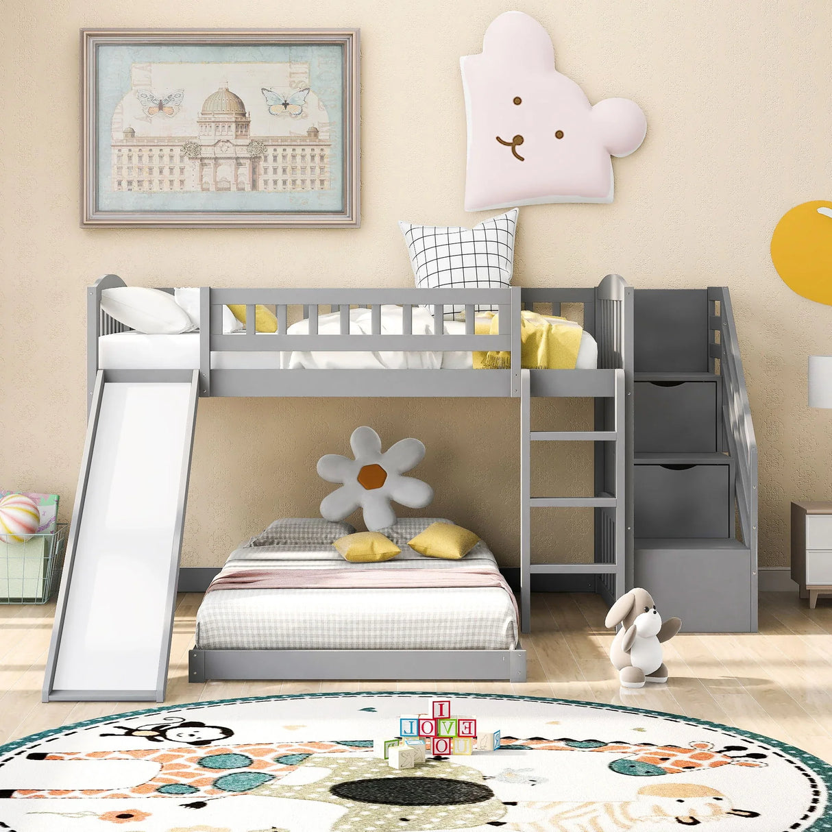 Twin Over Twin Stairway Bunk Bed With Two Drawers And Slide - Furniture Home Direct