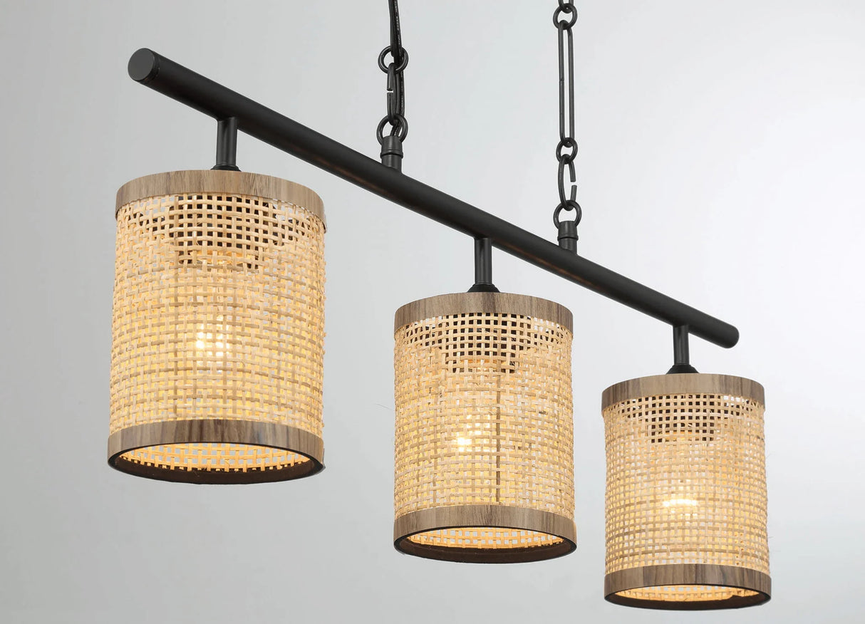 Elysian - 3 Lights Island With Natural Shade Farmhouse Chain Ceiling Lamp - Black / Rattan - Furniture Home Direct