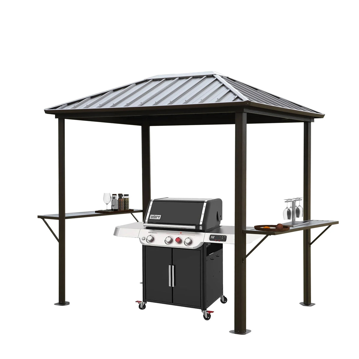 Grill Hardtop Gazebo Outdoor Metal Hard Top Gazebo, Permanent Bbq Gazebo With Galvanized Steel, Aluminum Framed Pavilion With Shelves - Dark Brown - Furniture Home Direct