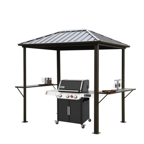 Grill Hardtop Gazebo Outdoor Metal Hard Top Gazebo, Permanent Bbq Gazebo With Galvanized Steel, Aluminum Framed Pavilion With Shelves - Dark Brown - Furniture Home Direct