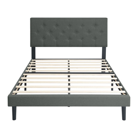 Modern Upholstered Platform Bed Frame With Button Tufted Linen Fabric Headboard - Furniture Home Direct