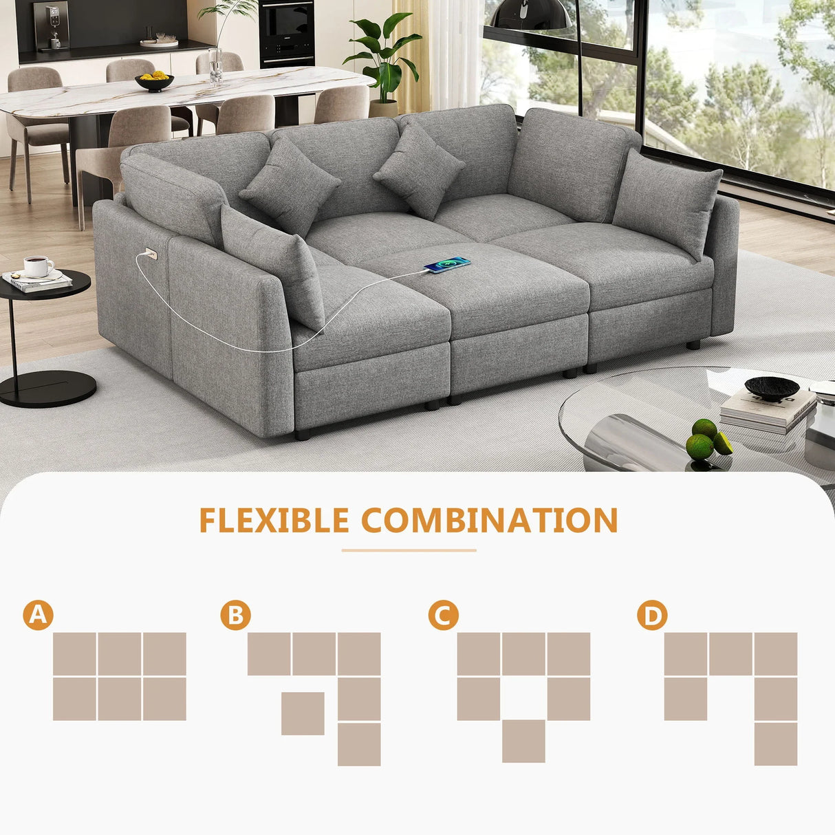 Sectional Sofa Modular Sofa U - Shaped Sofa Couch Sofa Bed L - Shaped Sofa With A Movable Ottoman And Two USB Ports For Living Room - Furniture Home Direct