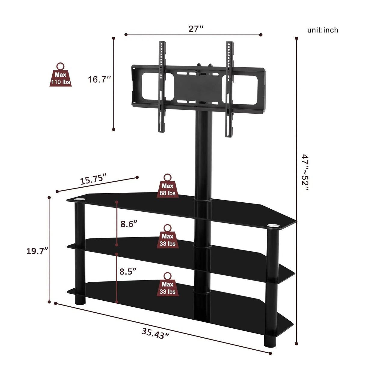 Multi-Function TV Stand Height Adjustable Bracket Swivel 3 Tier - Black - Furniture Home Direct