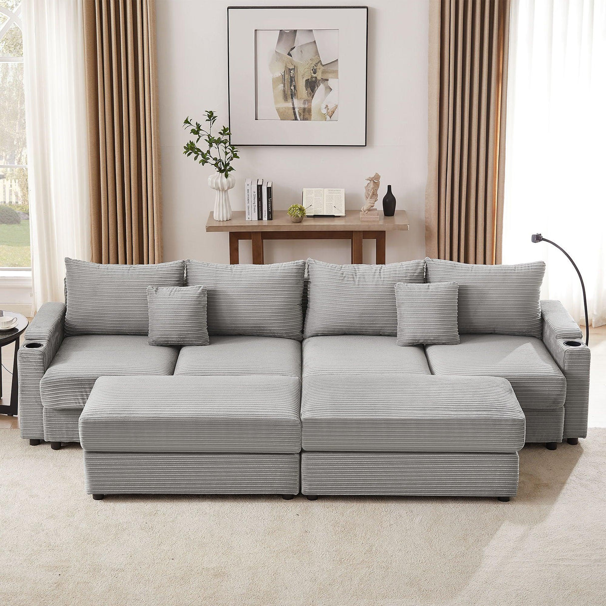 Modern Style Loveseat Sofa Sectional Sofa Couch With Storage Space, A Movable Ottoman, Two USB Ports, Two Cup Holders, A Phone Holder For Living Room - Furniture Home Direct