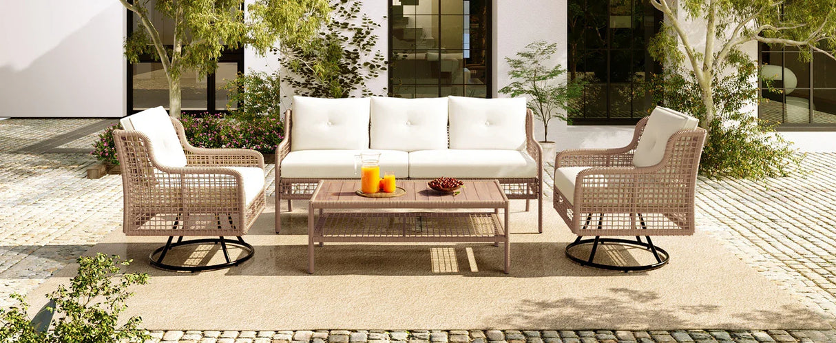 4 Piece Outdoor Patio Set with Swivel Chairs - Beige - Furniture Home Direct