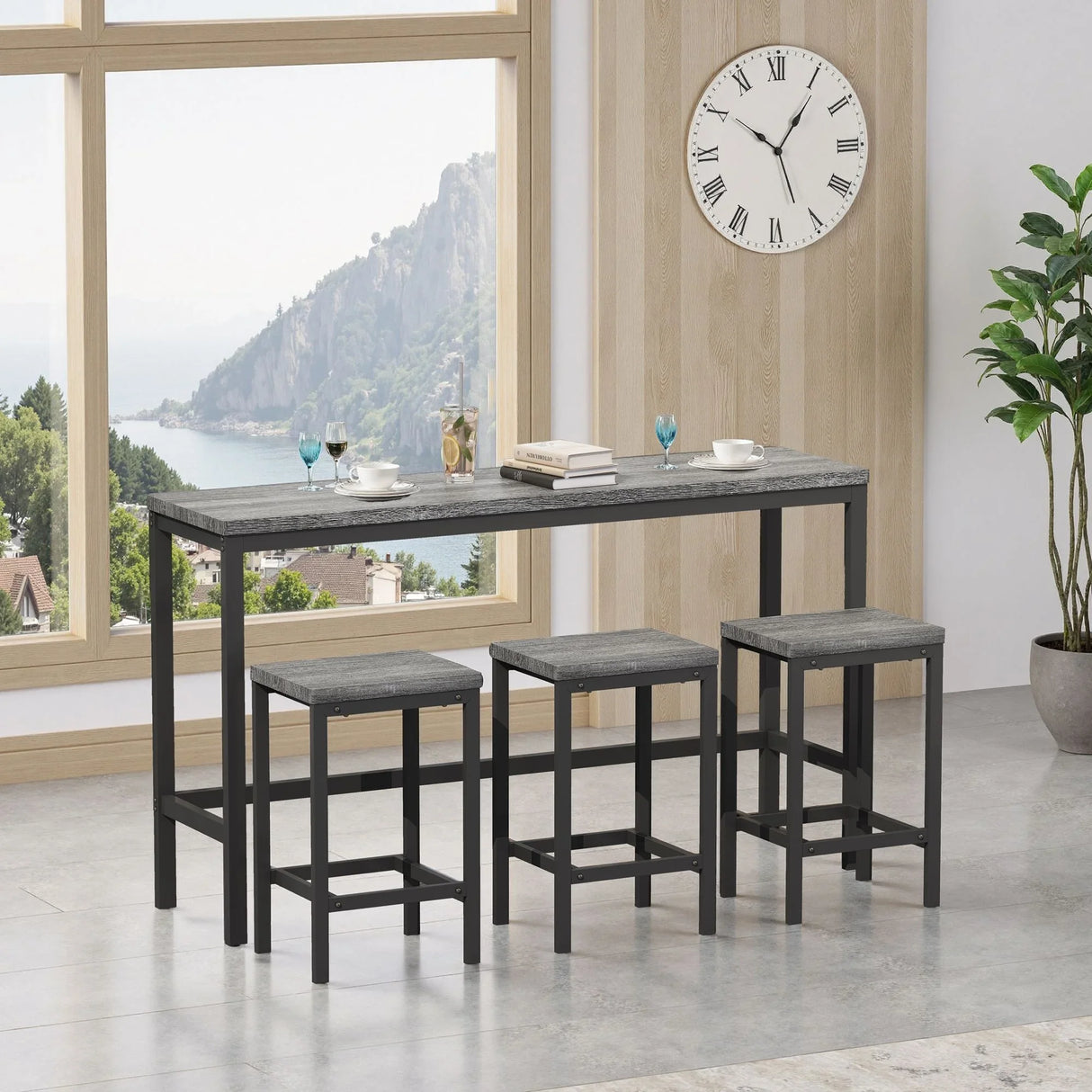 Modern Design Long Dining Table Set With 3 Stools - Furniture Home Direct