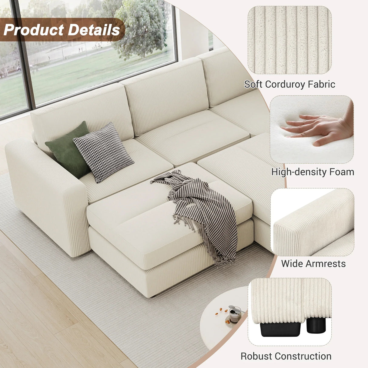 121.3" Modular Sleeper Sectional - Beige - Furniture Home Direct