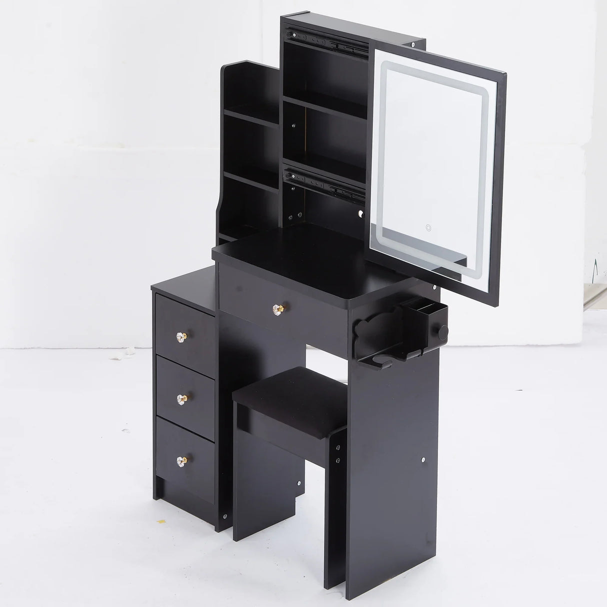 Vanity Desk With Cushioned Stool Lighted Mirror Black - Furniture Home Direct