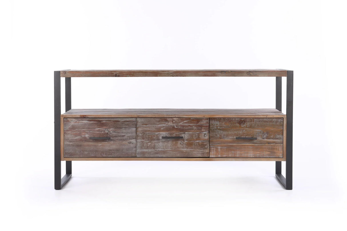 Reclaimed Wood Media TV Console Table With 3 Drarwer, Open Shelf - Antique Gray - Furniture Home Direct
