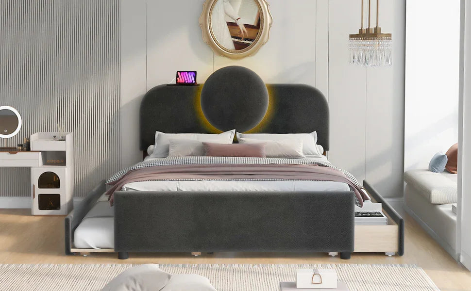 Platform Bed Upholstered With Storage Drawers Trundle Gray - Furniture Home Direct
