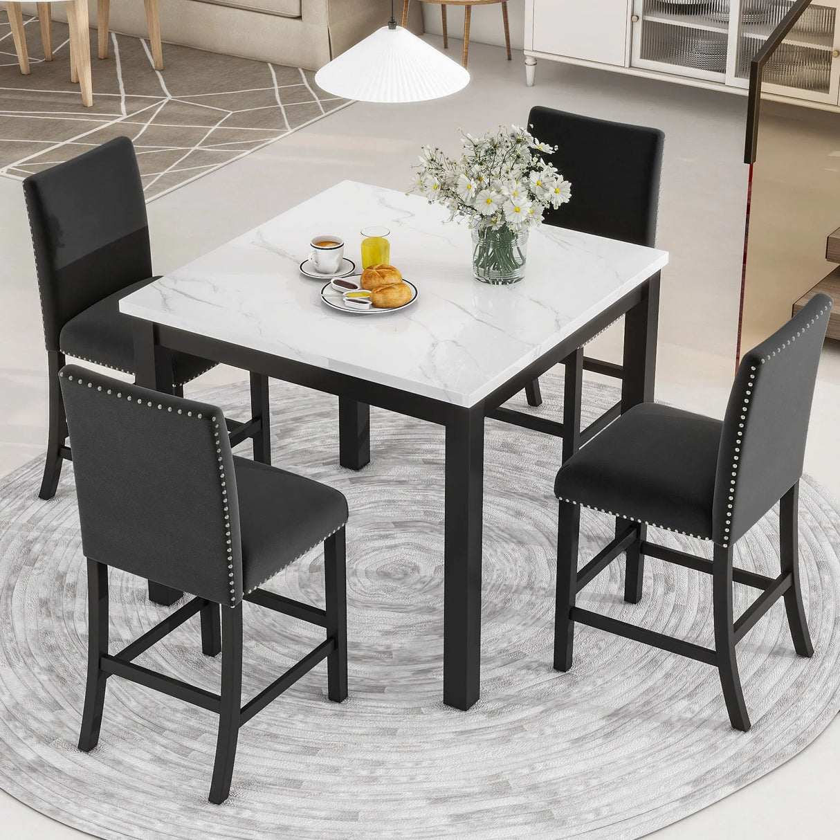 5-Piece Counter Height Dining Table Set With One Faux Marble Top Dining Table And Four Velvet Upholstered Chairs - Furniture Home Direct