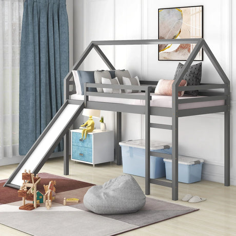 Twin Size House Loft Bed With Slide - Gray - Furniture Home Direct