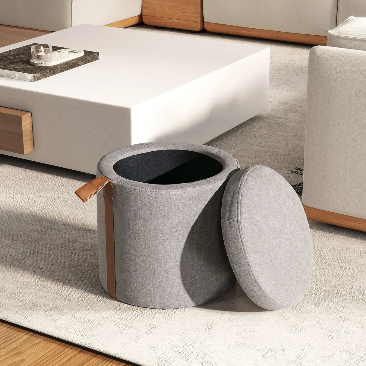 Brandy - Round Upholstered Storage Ottoman With Leather Accent - Furniture Home Direct