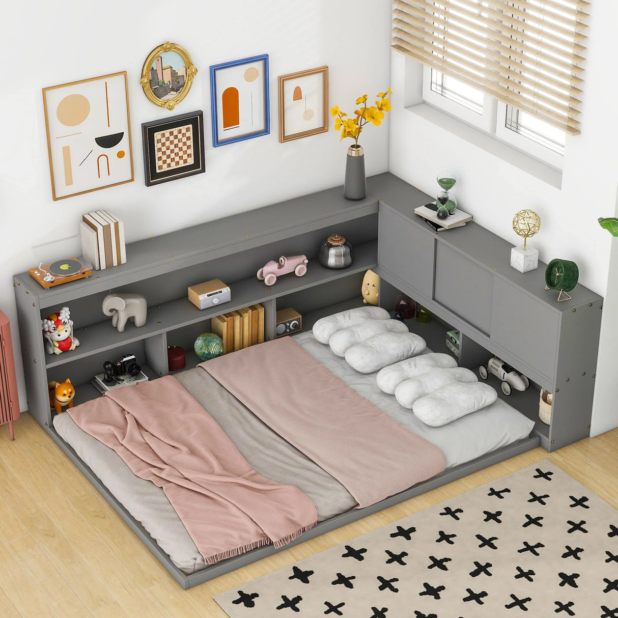 Floor Bed With L-Shaped Bookcases, Sliding Doors, Without Slats - Furniture Home Direct