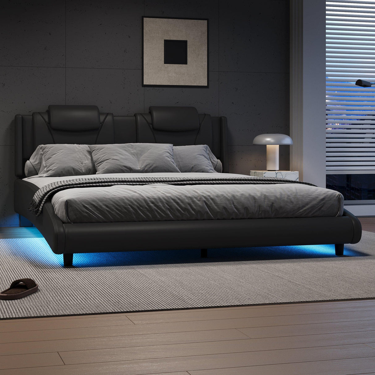 Platform Bed Leather Upholstered Headboard LED Black - Furniture Home Direct