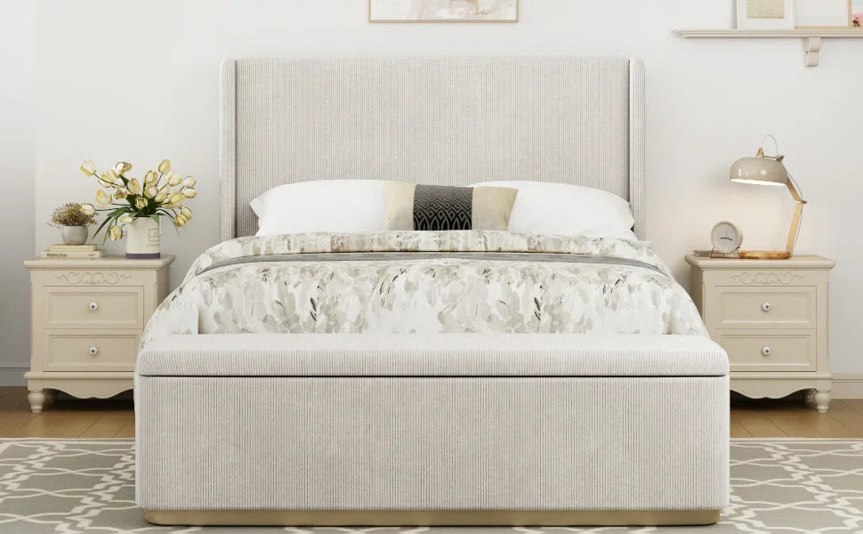 King Bed Corduroy Upholstered Storage Ottoman Light Grey - Furniture Home Direct