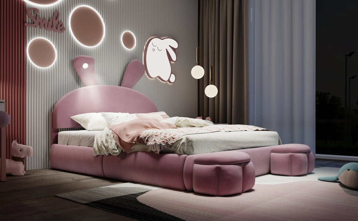 Full Size Upholstered Platform Bed with Cartoon Ears Shaped Headboard and Light, Pink - Furniture Home Direct