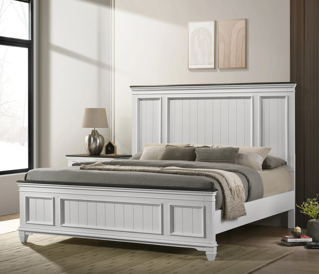 King Bed Set with Nightstands Shiplap Antique White Gray - Furniture Home Direct