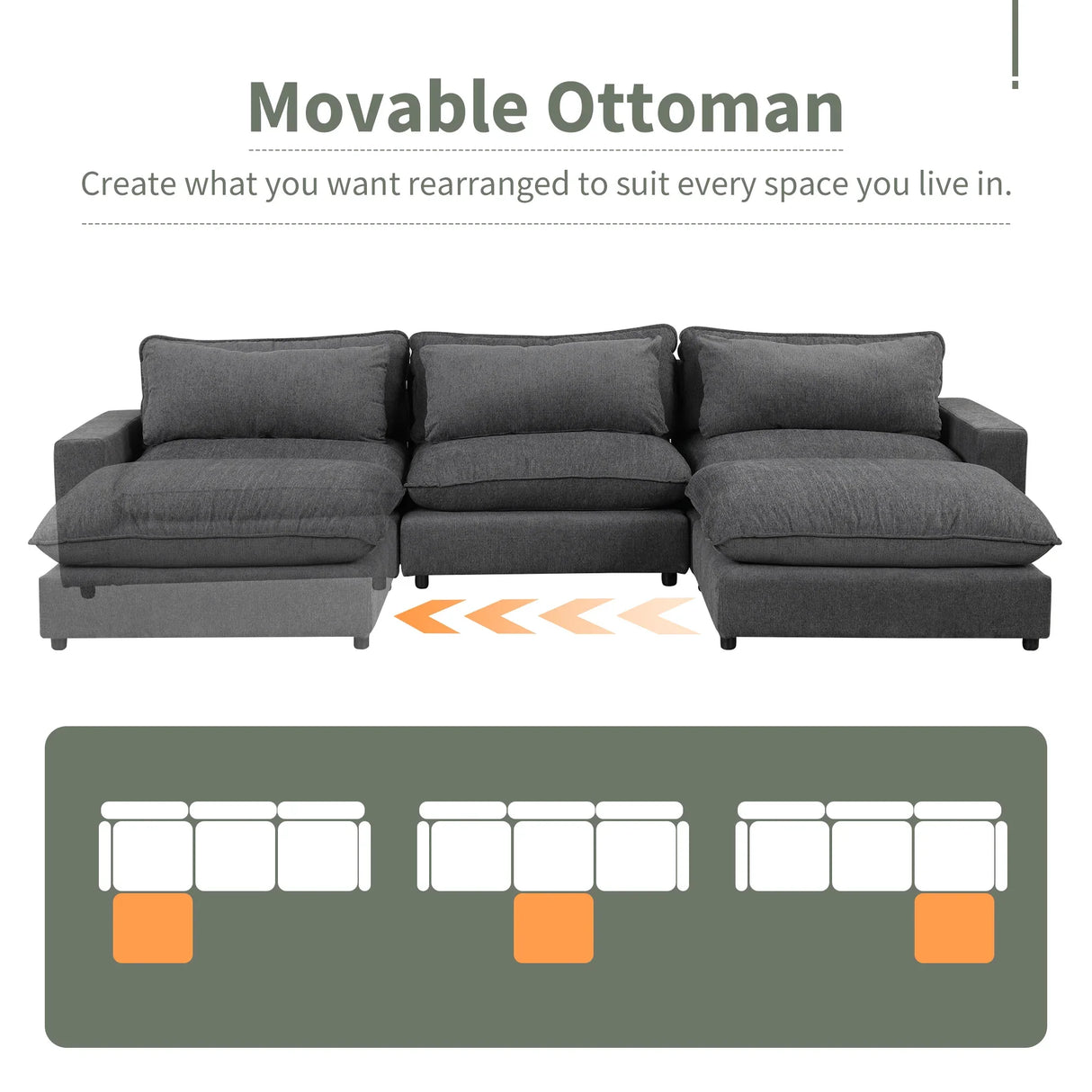 Chenille Cloud Sectional with Ottoman, Charging Ports and Three Back Pillows - Grey - Furniture Home Direct