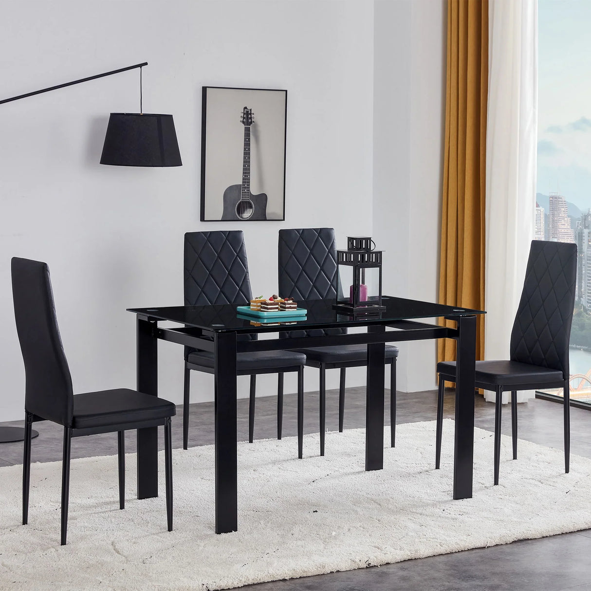 Modern 5 Piece Dining Table Set With Glass Top And Chairs - Black - Furniture Home Direct