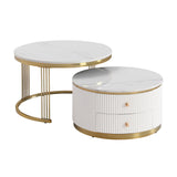 Nesting Coffee Tables With Drawers Round White And Gold - Furniture Home Direct