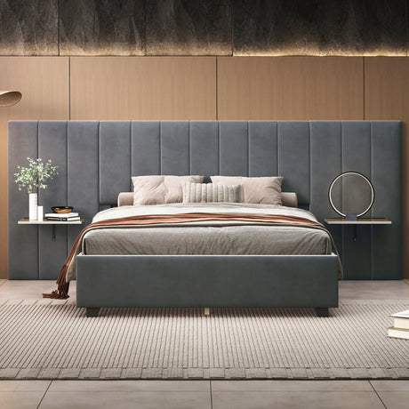 Queen Bed Upholstered Platform With Tall Headboard Gray - Furniture Home Direct
