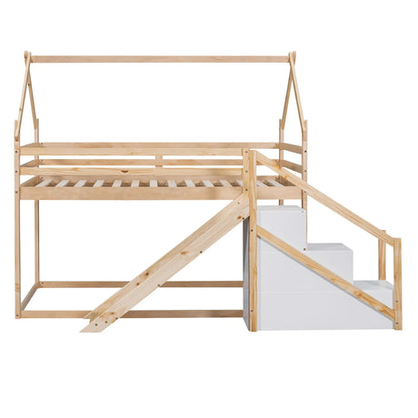 Twin Over Twin House Loft Or Bunk Bed With Slide And Staircase - Furniture Home Direct