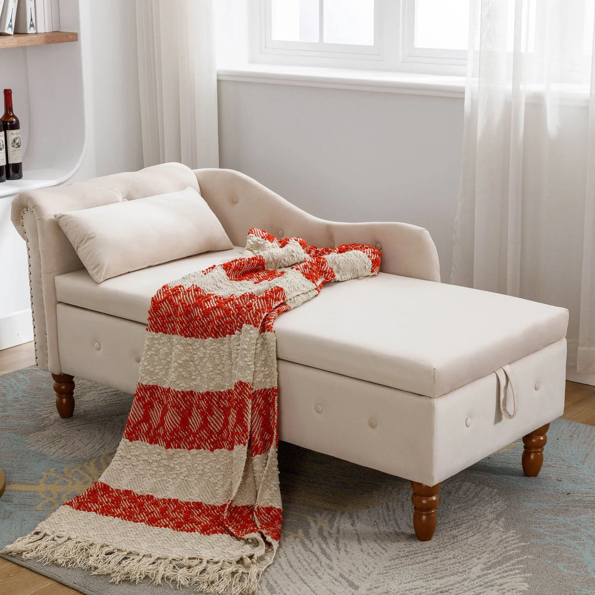Chaise Lounge Indoor, Velvet Lounge Chair For Bedroom With Storage & Pillow, Modern Upholstered Rolled Arm Chase Lounge For Sleeping With Nailhead Trim For Living Room Bedroom Office - Furniture Home Direct