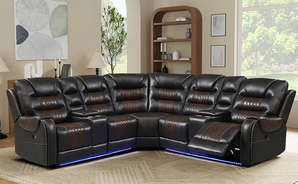 Sectional Sofa with Manual Recline LED Lights Black Brown - Furniture Home Direct