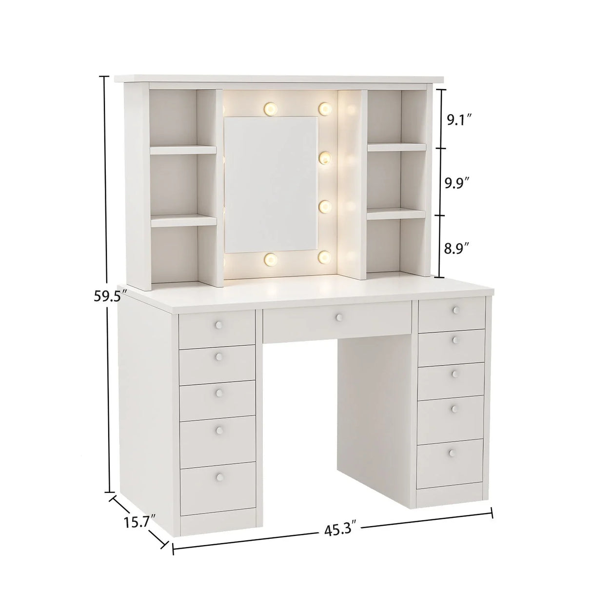 Vanity Desk With LED Lighted Mirror, Makeup Vanity With 11 Drawers, Adjustable Lighting - White - Furniture Home Direct