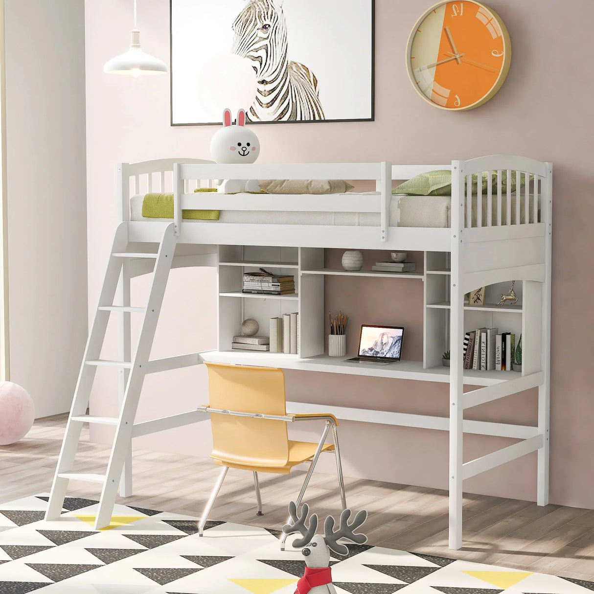 Loft Bed With Storage Shelves, Desk And Ladder - Furniture Home Direct