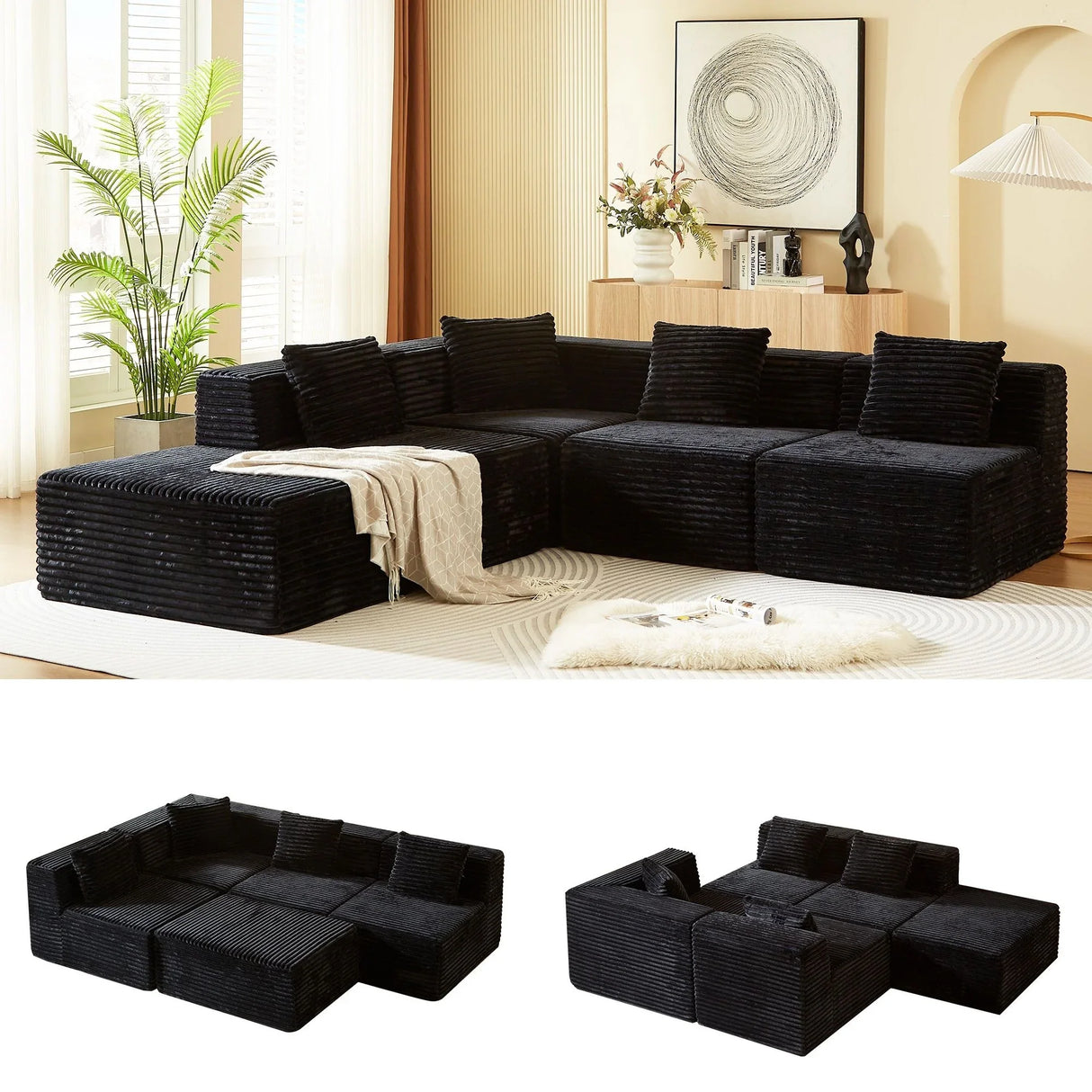 Modular Sectional Couches For Living Room With Deep Seat, L Shape Cloud Sofa Couch, High Density Memory Foam, Boneless Upholstered Couchesy - Black - Furniture Home Direct