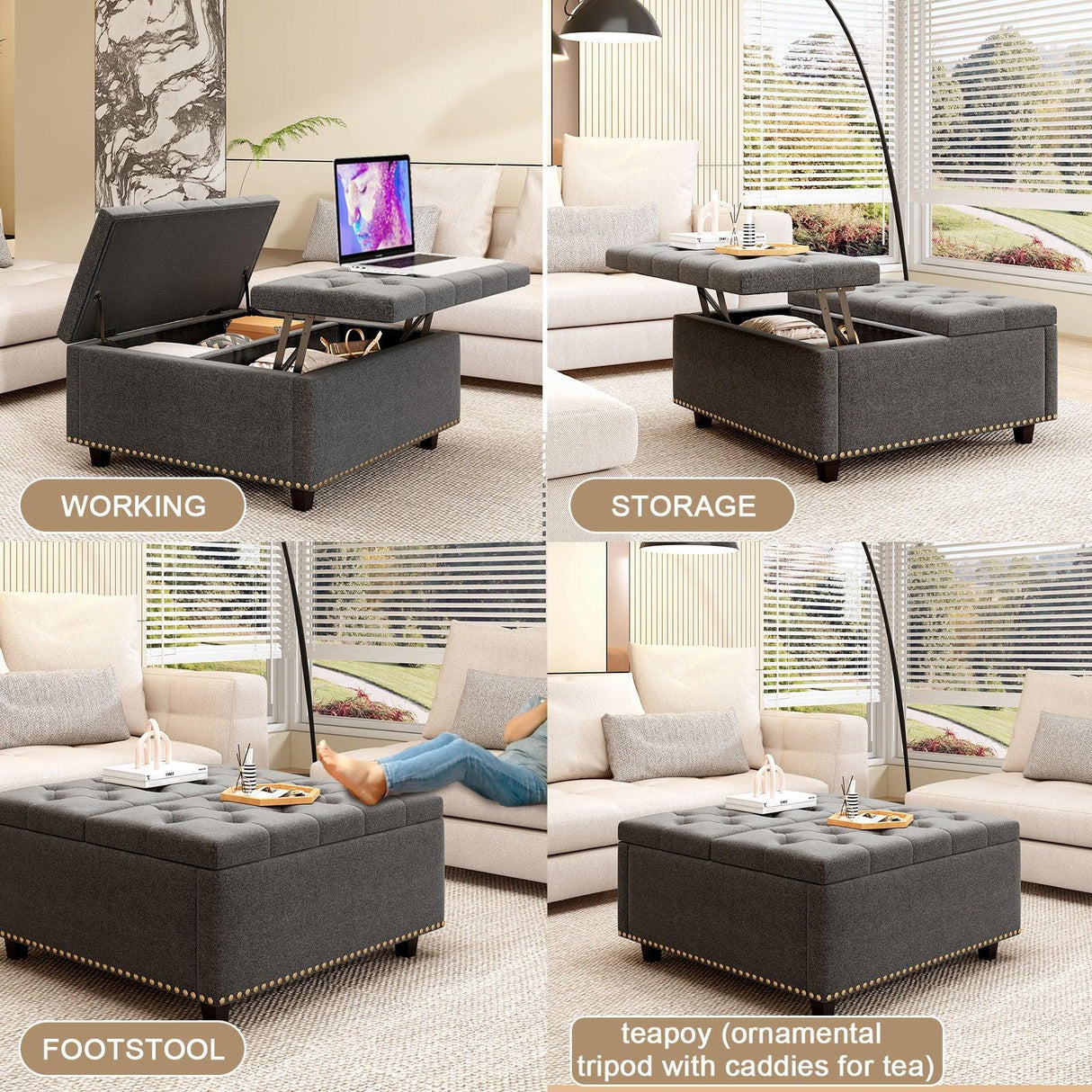 Large Square Storage Ottoman With 2 Storage Doors - Furniture Home Direct