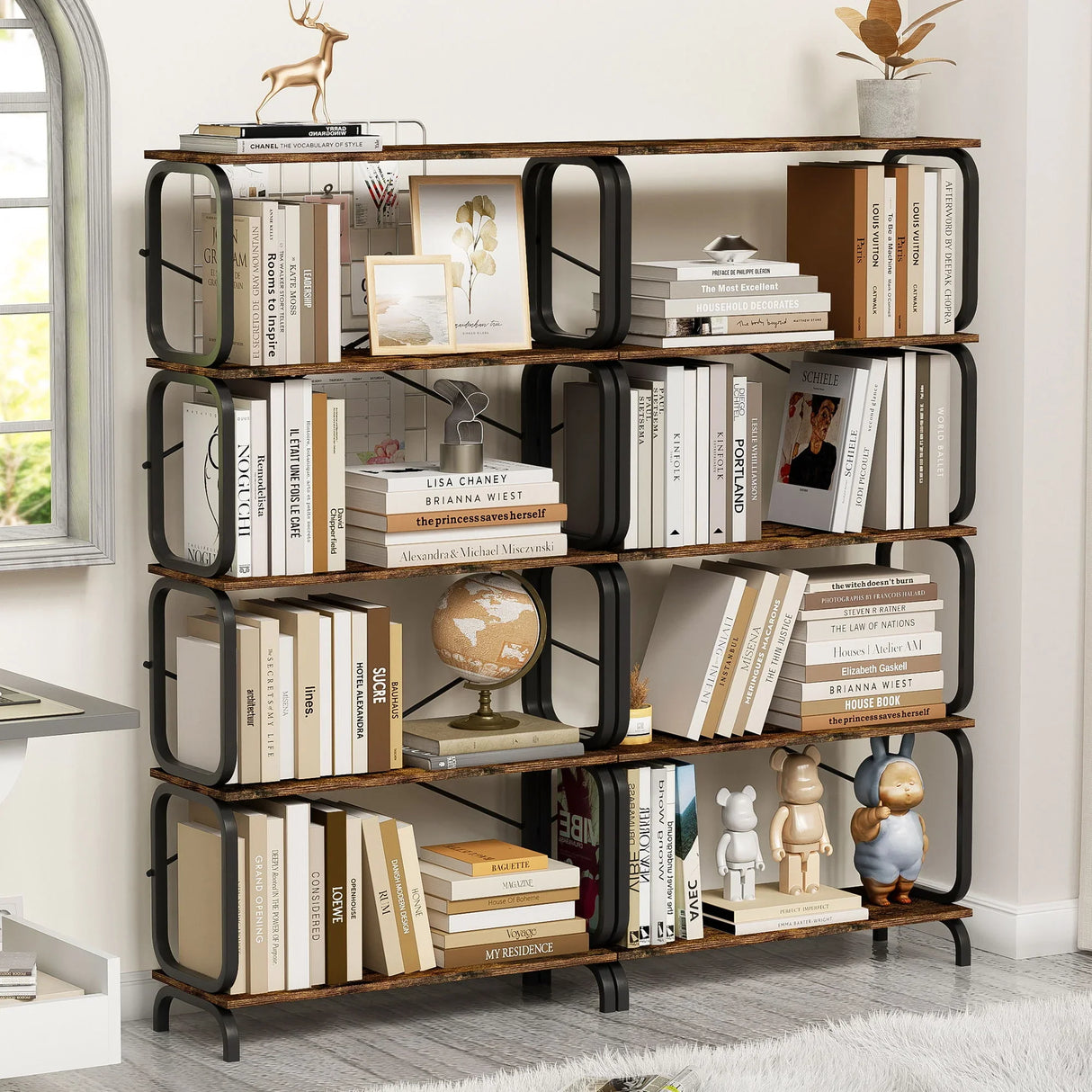 5 Tier Industrial Bookshelf, Tall Bookcase With Open Design, Vintage Storage Organizer - Furniture Home Direct