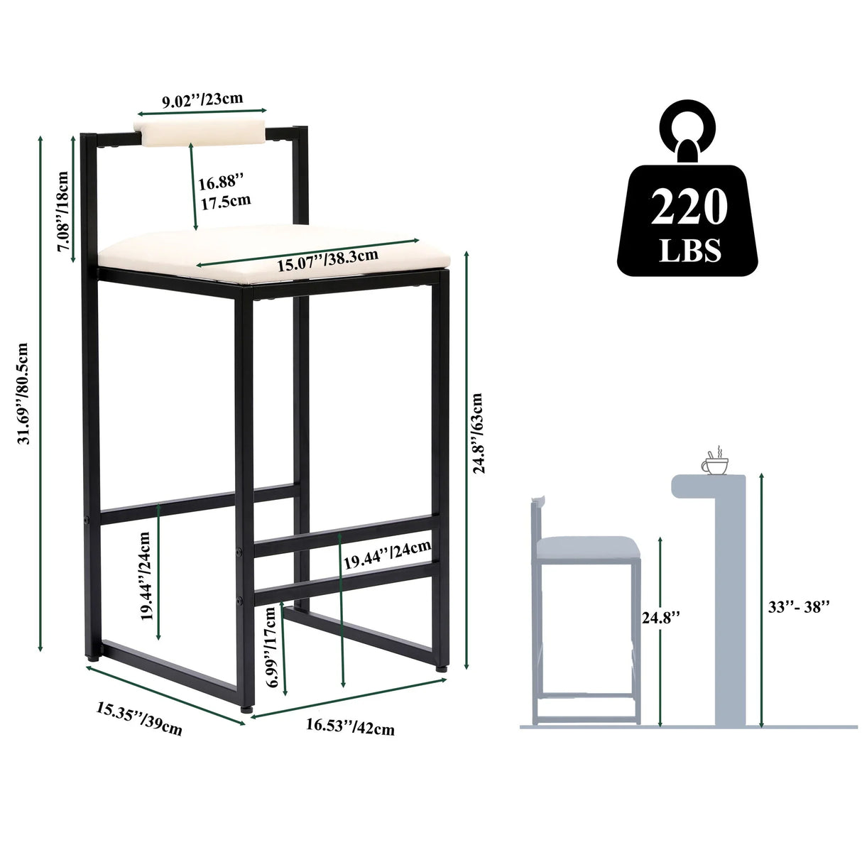 Elegant Bar Stool Set With Backrest And Footrest, Counter Height (Set of 2) - Furniture Home Direct