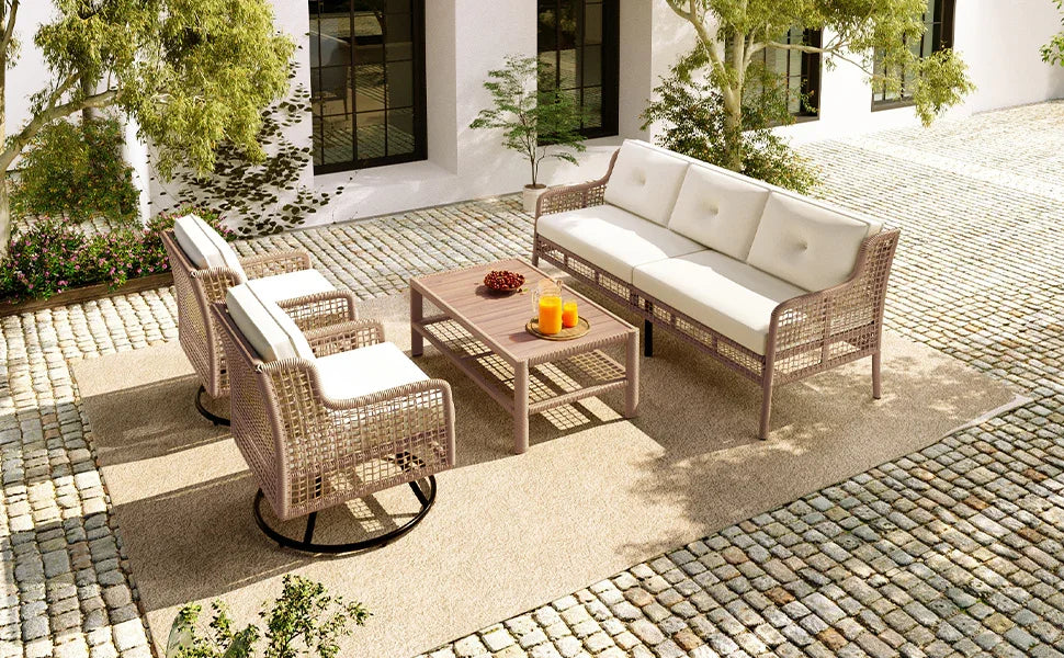 4 Piece Outdoor Patio Set with Swivel Chairs - Beige - Furniture Home Direct