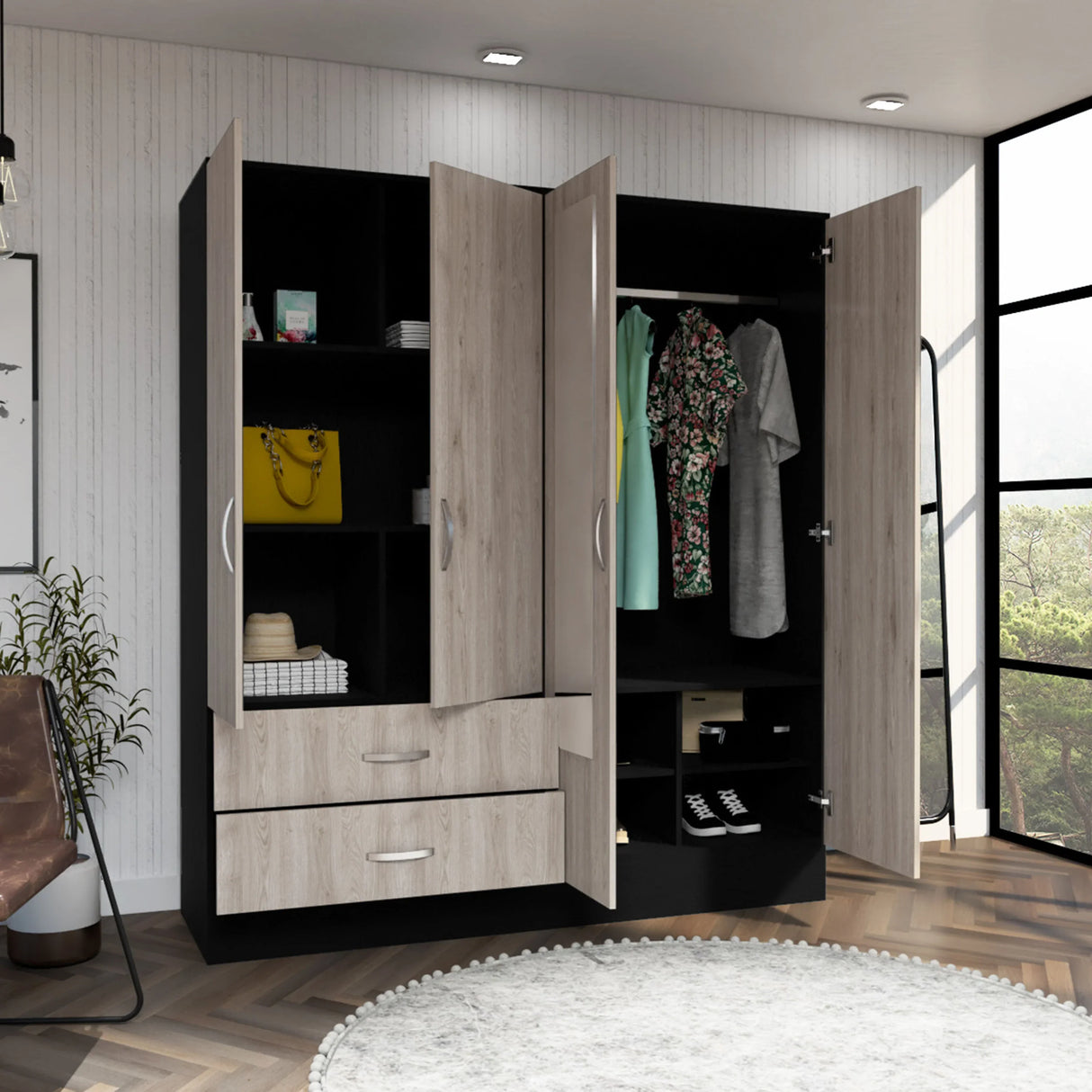 Armoire With Mirrors And Drawers Modern Wood Black - Furniture Home Direct