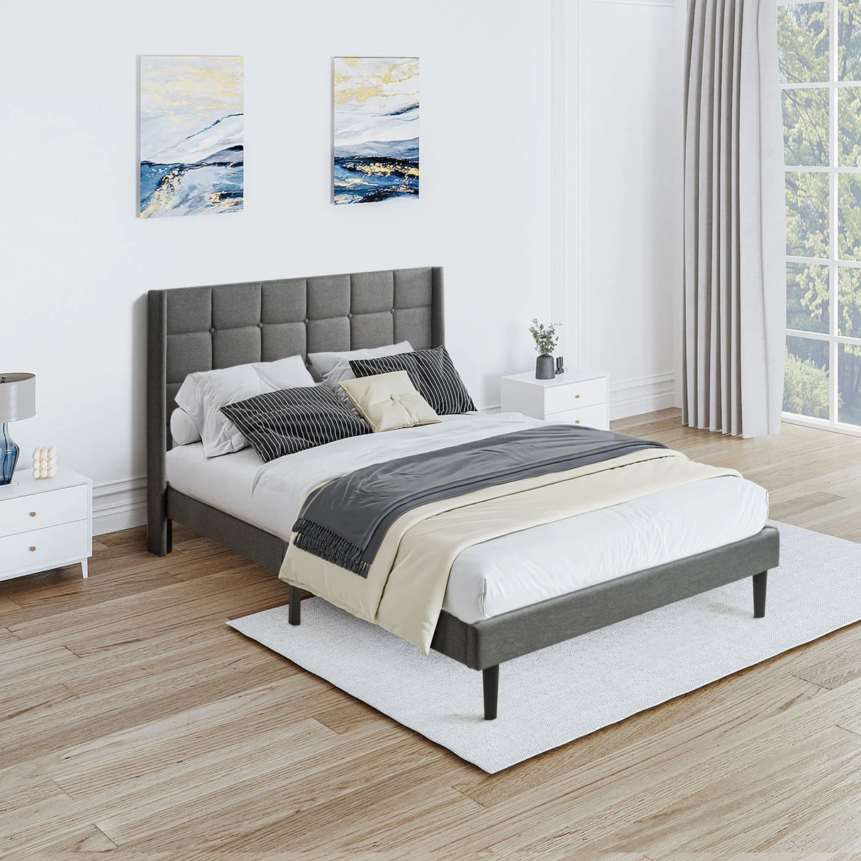 Queen Size Upholstered Platform Bed Frame With Button Tufted Linen Fabric Headboard - Dark Gray - Furniture Home Direct
