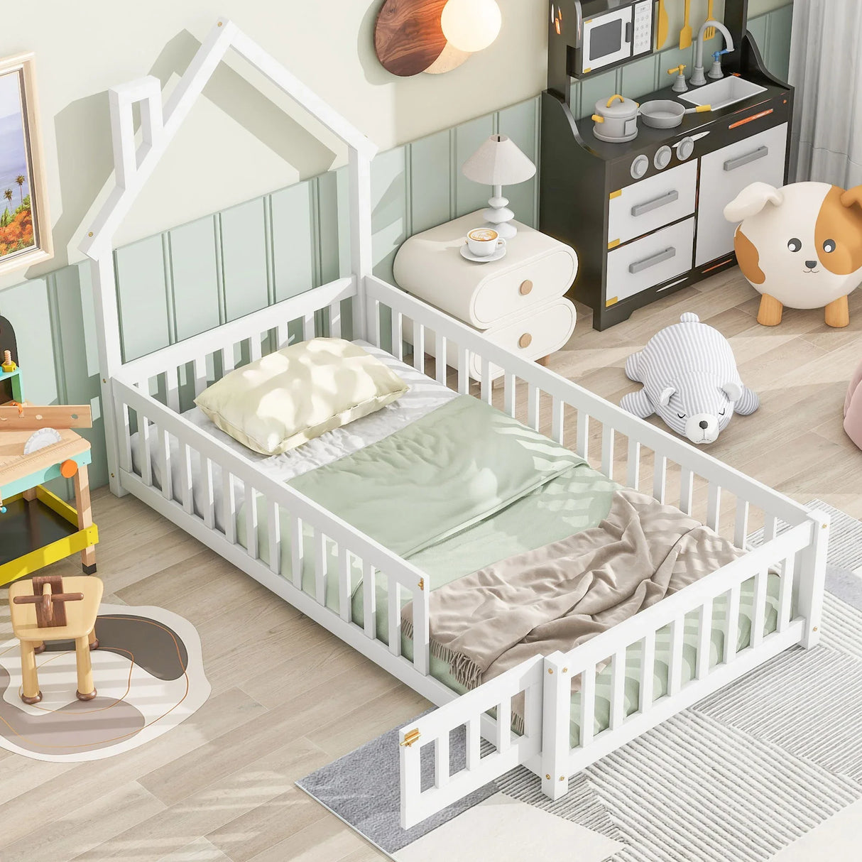 House-Shaped Headboard Floor Bed With Fence - Furniture Home Direct